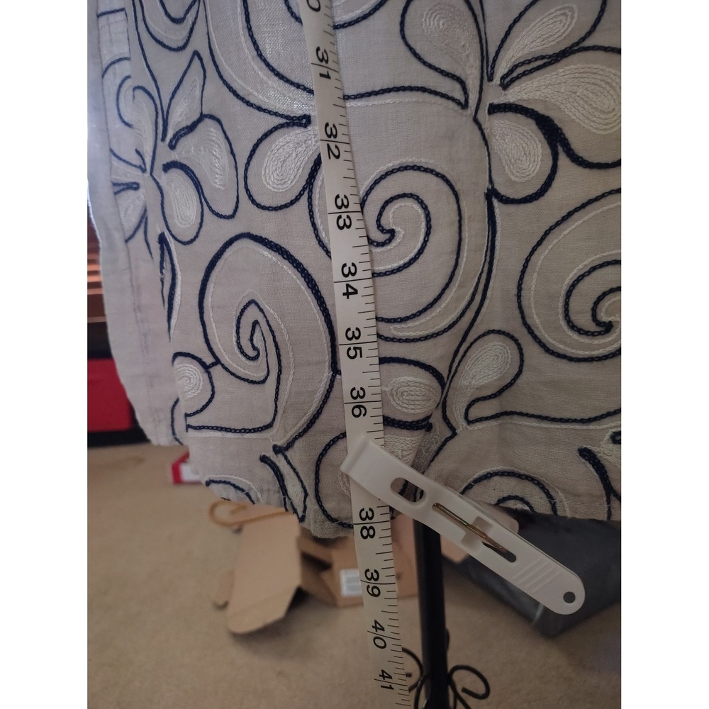 Made in Italy Linen Embroidered Swirl Shift Dress with Pockets Navy Beige L - Picture 6 of 10